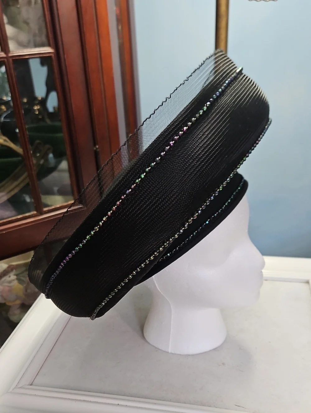Vintage 1980's Sylvia Black Breton Decorative Women's Hat with Rhinestone Trim